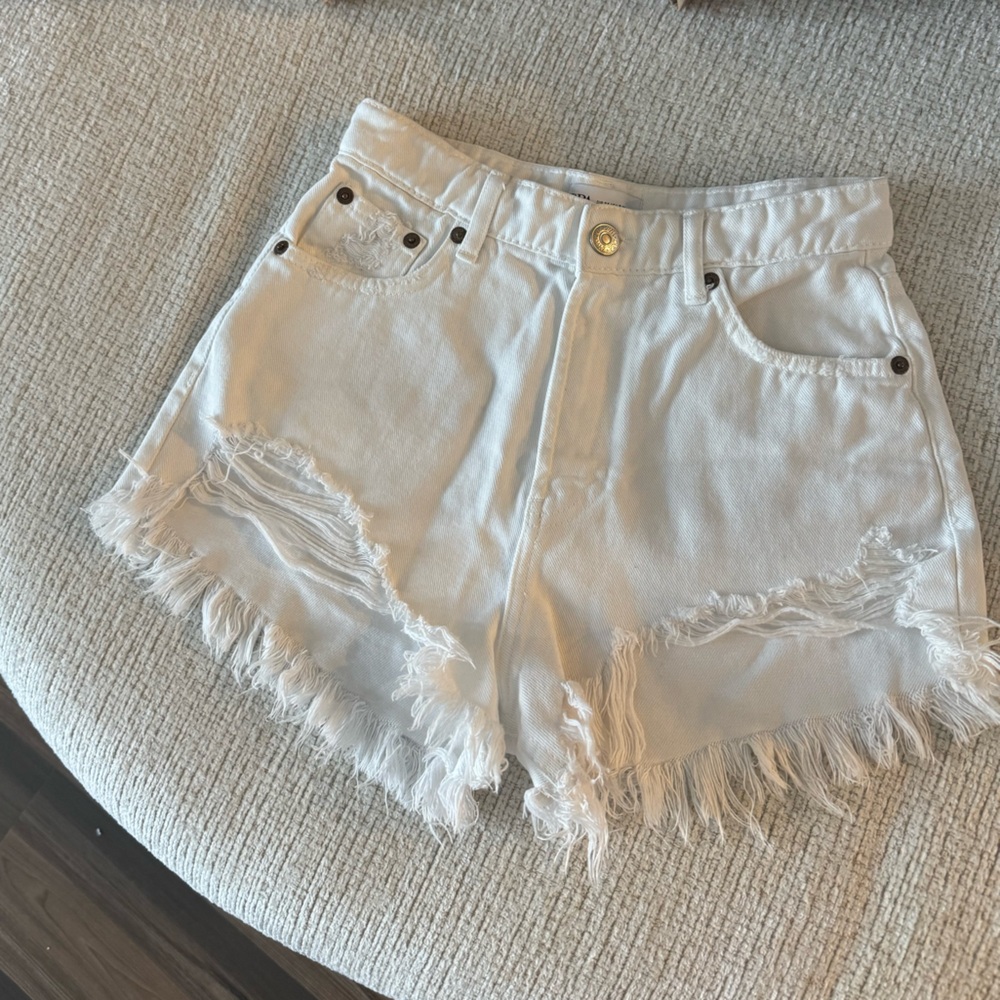 Zara White Distressed Jean Shorts